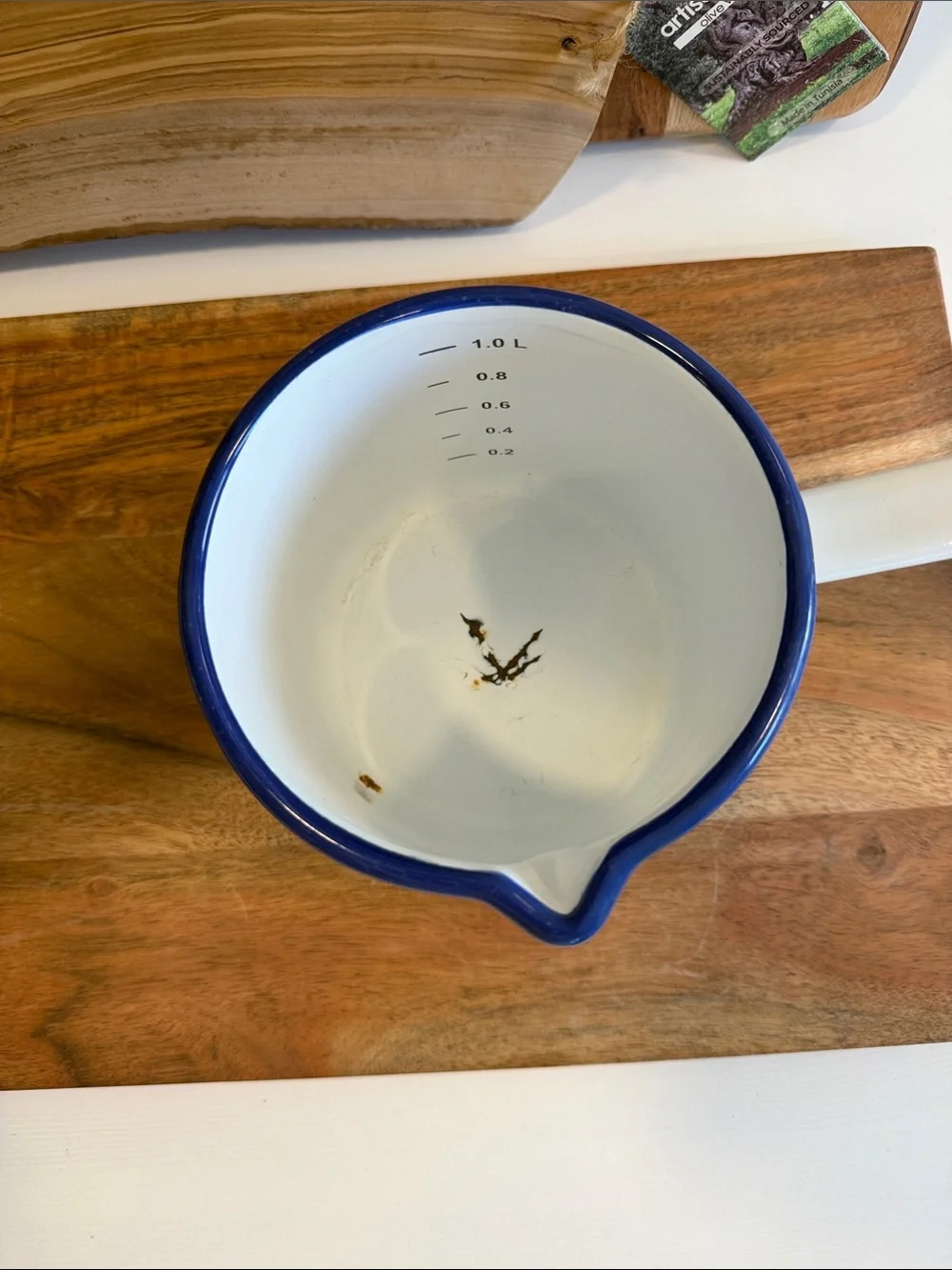 Vintage European White Enamel Milk Pan with Blue Rim